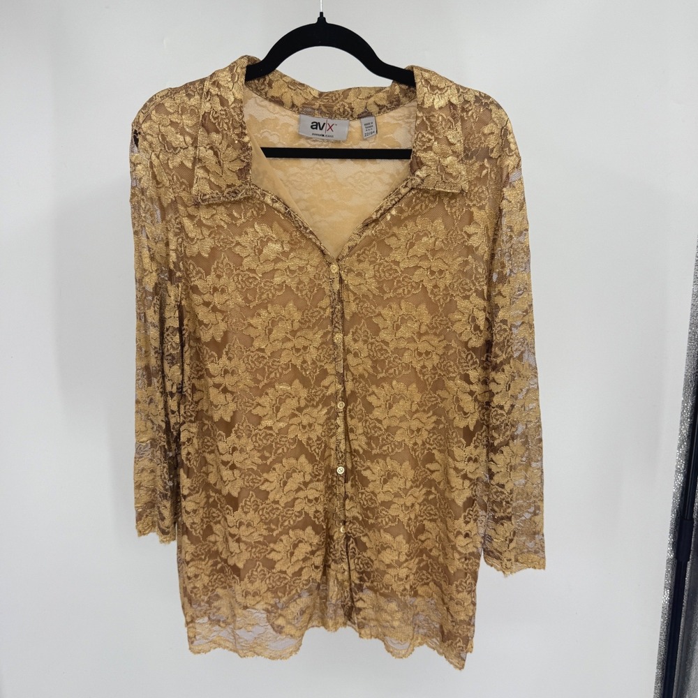 Avenue Jeans Gold Floral Lace Button Down Shirt 22/24 Metallic Blouse Y2K 3X